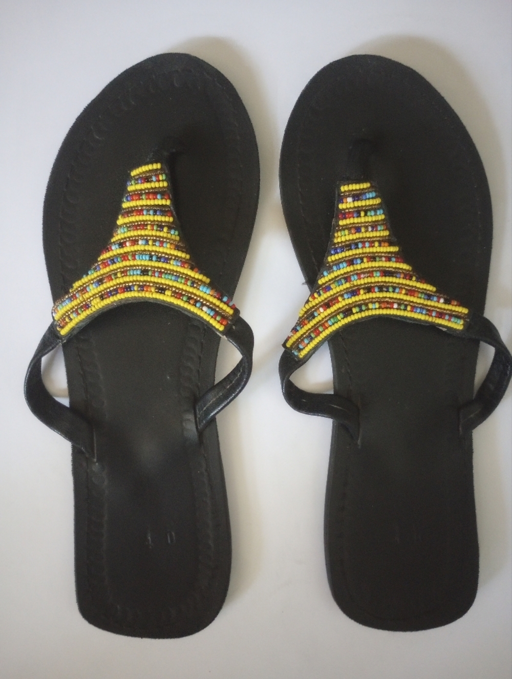 Black Handcrafted Beaded T-Strap Thong Leather Sandals Yellow Multicolor Beads